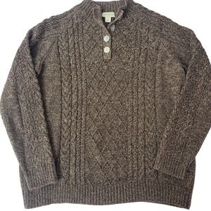 Brown Cable Knit Mock Neck Fisherman Sweater 4 Button Pullover 100% Cotton Wm Lg